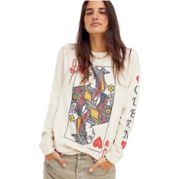 Daydreamer Tops - Free People x Daydreamer Queen of Hearts Long Sleeve Graphic Tee Tan Small